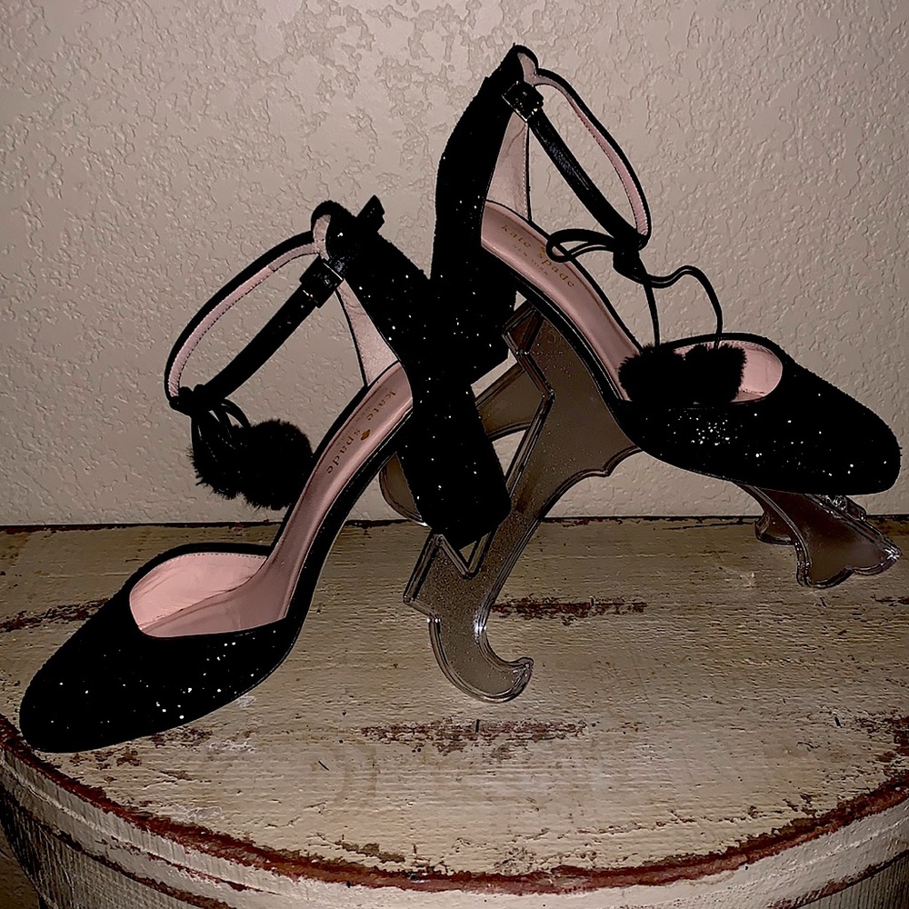 Kate Spade Abigail Black glitter ankle strap Pom Pom square heel. Size 7 women.